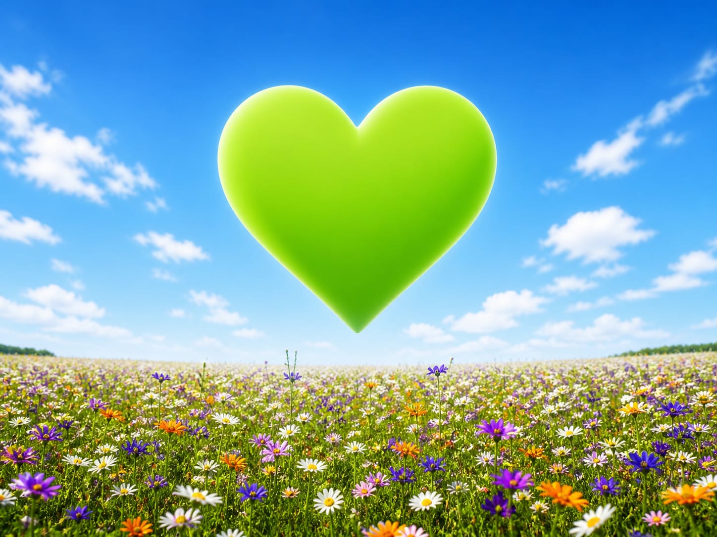 Grünes Herz über einer Blumenwiese